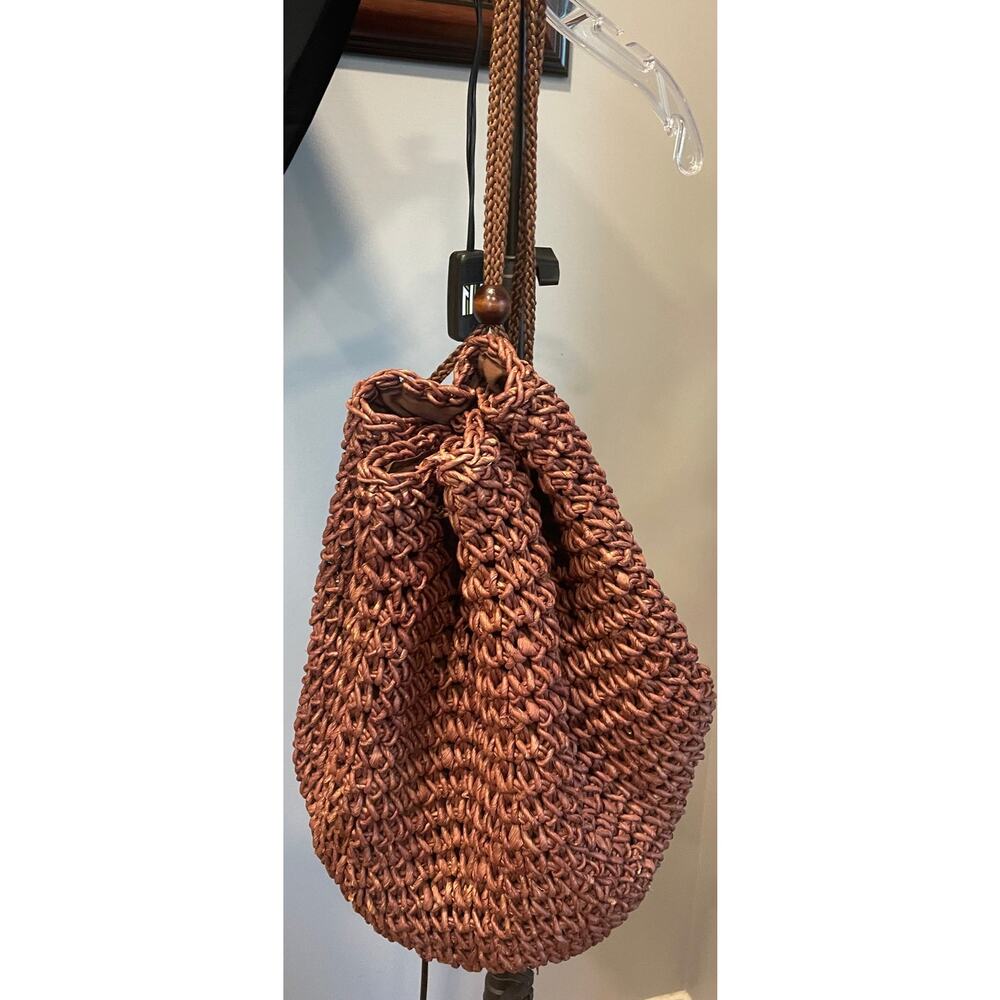 Y2K Vintage Natural Straw Woven Shoulder Bag, Drawstring Sack - Picture 3 of 5